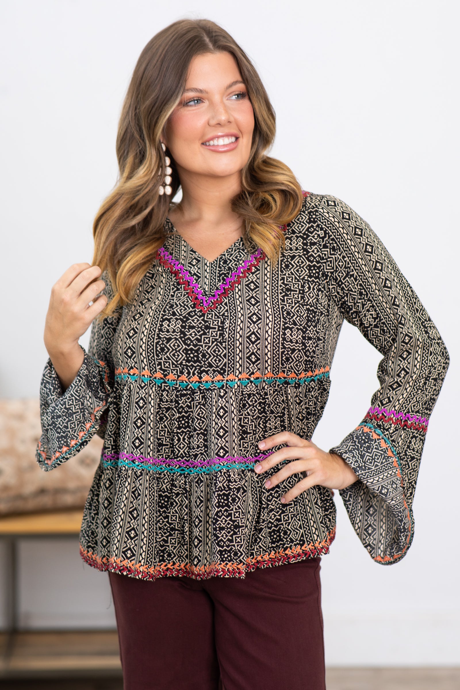 Black Aztec Print Babydoll Top With Embroidery
