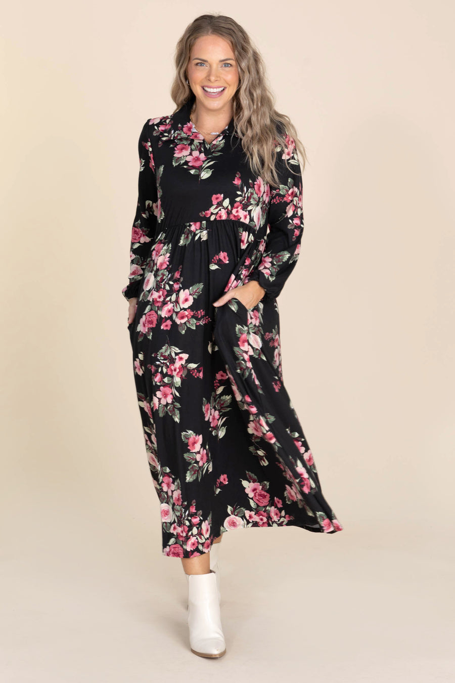 Black With Magenta Florals Maxi Dress