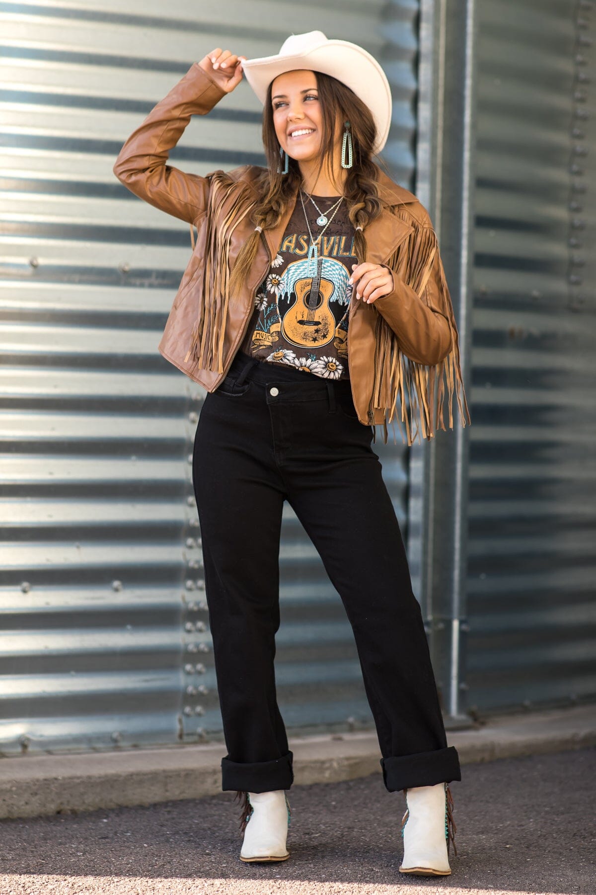 Mocha Faux Leather Jacket With Fringe - Filly Flair