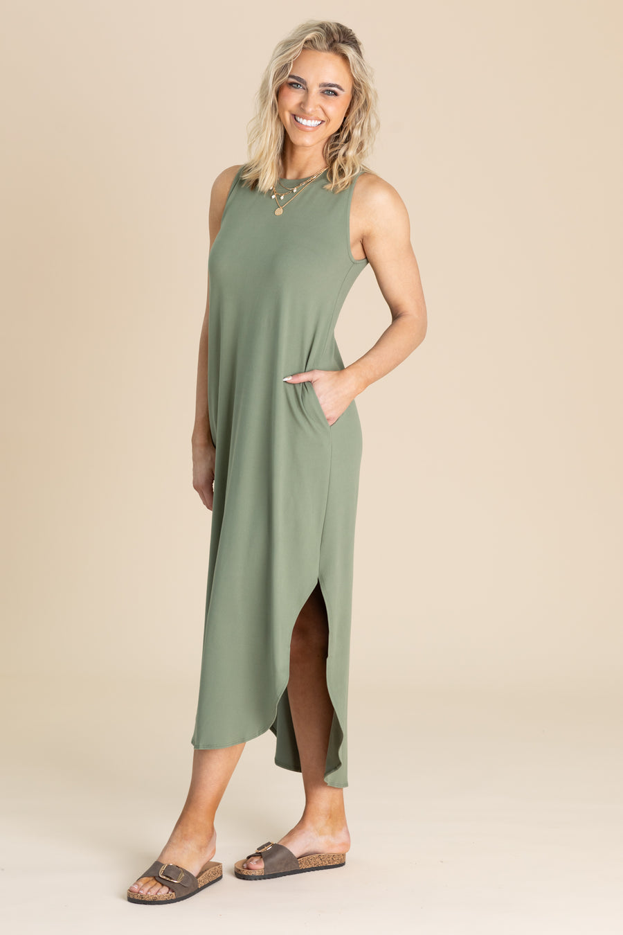 Brushed Side Slit Dress With Pockets