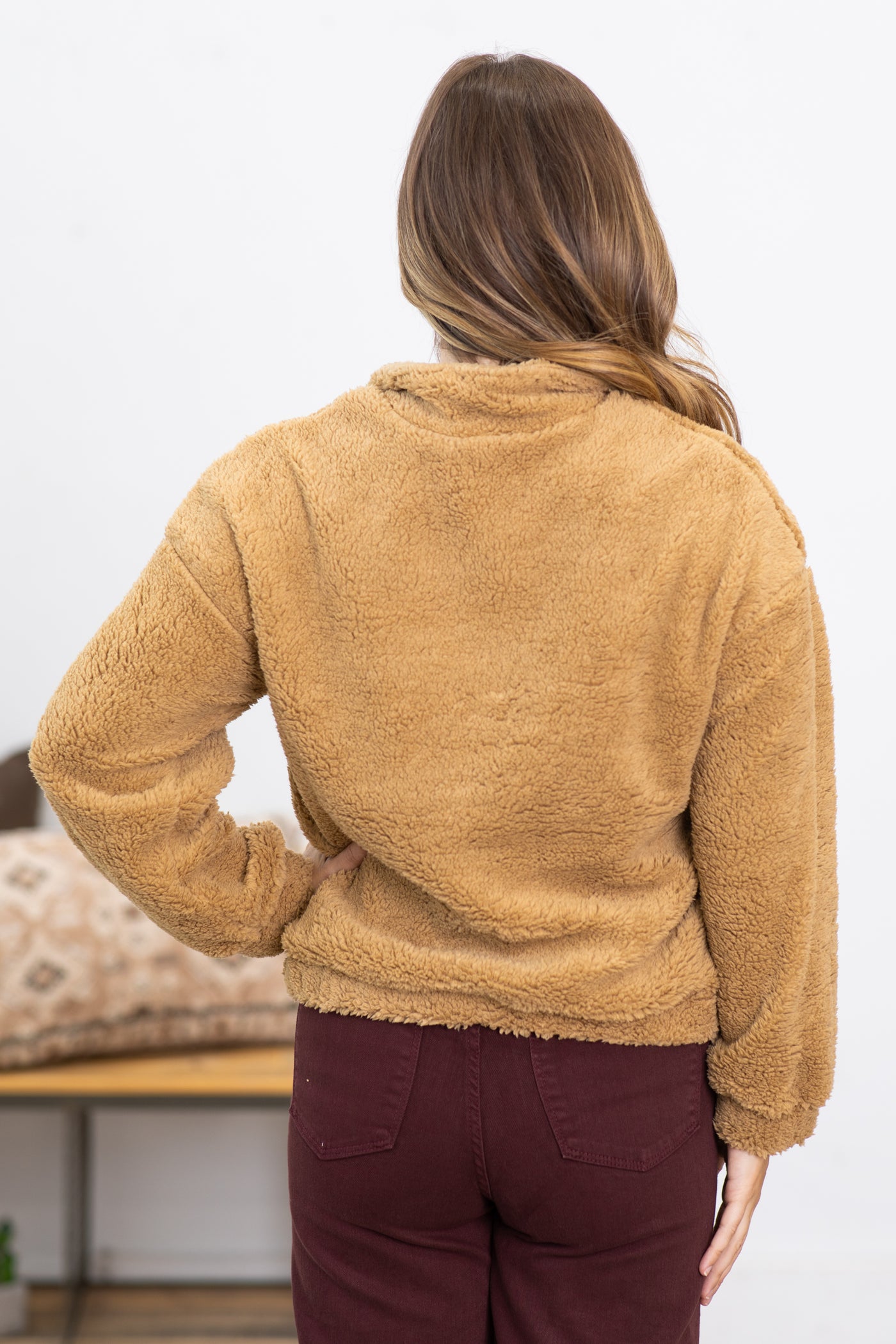 Tan Sherpa 1/4 Zip Pullover With Pockets