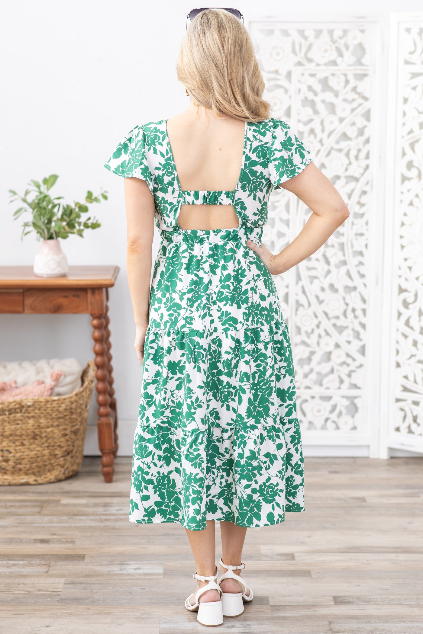 Green Floral Print Cutout Back Midi Dress