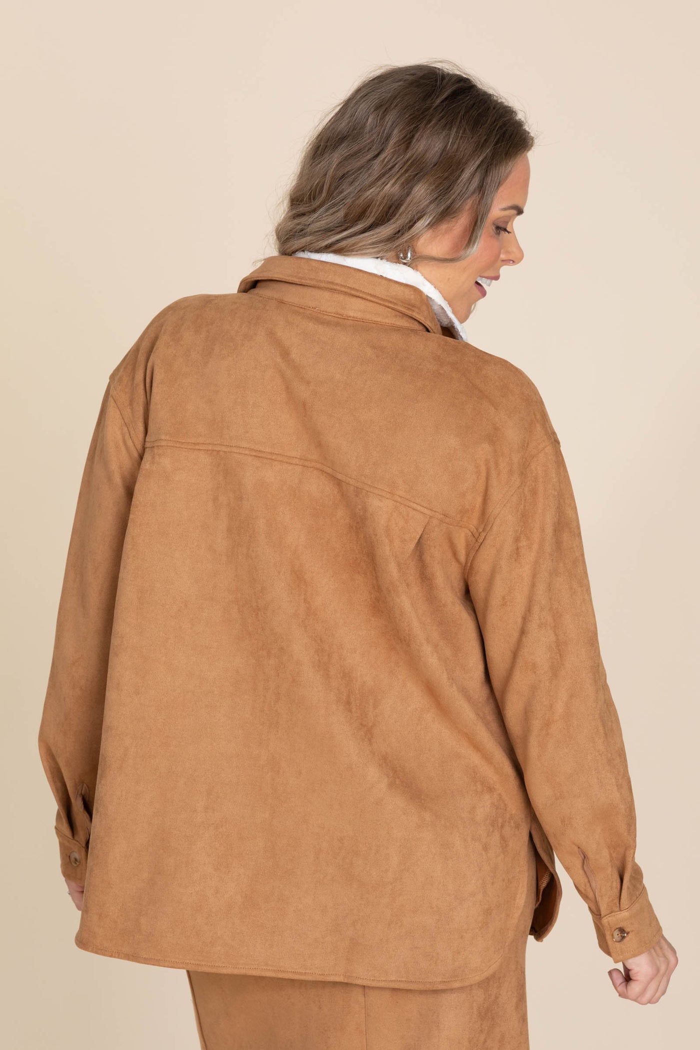 Camel Microsuede Shirt Jacket With Pockets