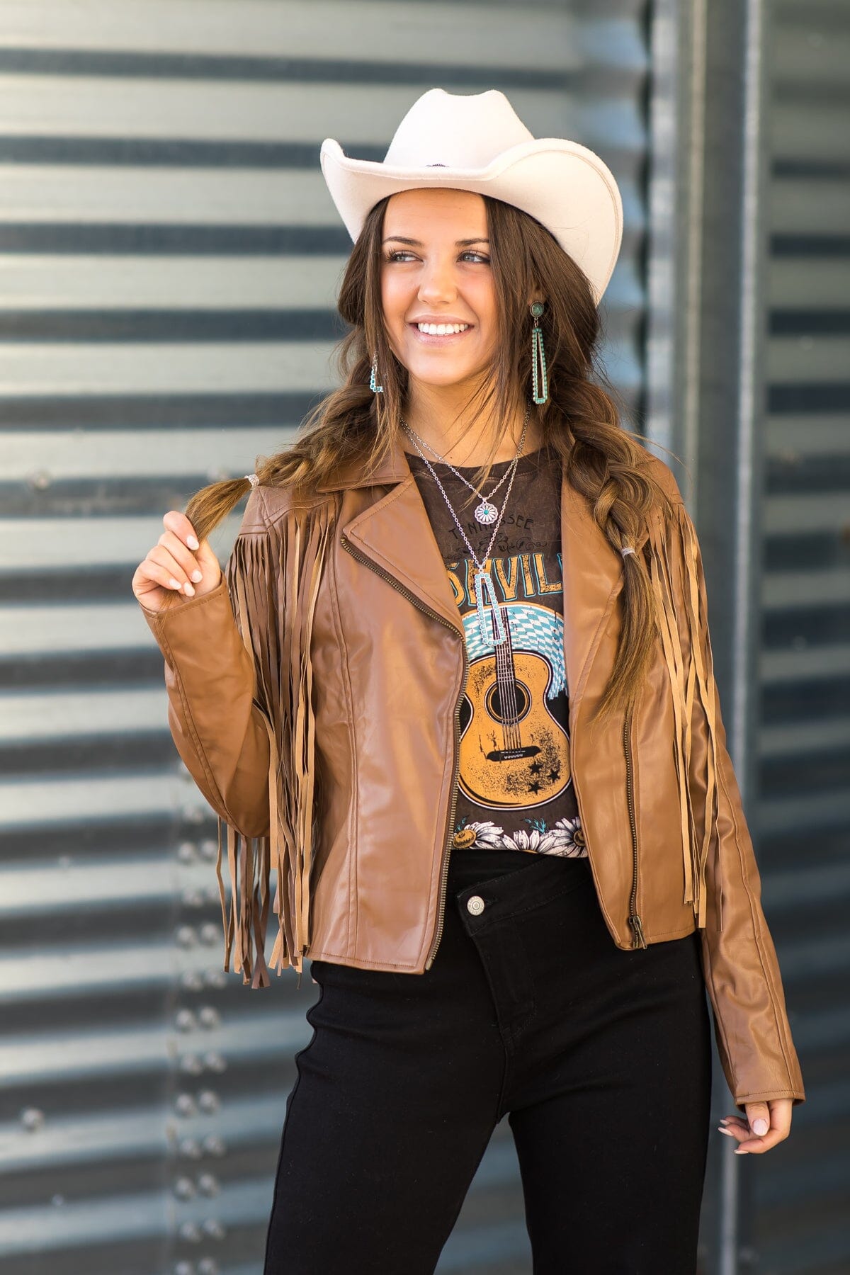 Mocha Faux Leather Jacket With Fringe - Filly Flair