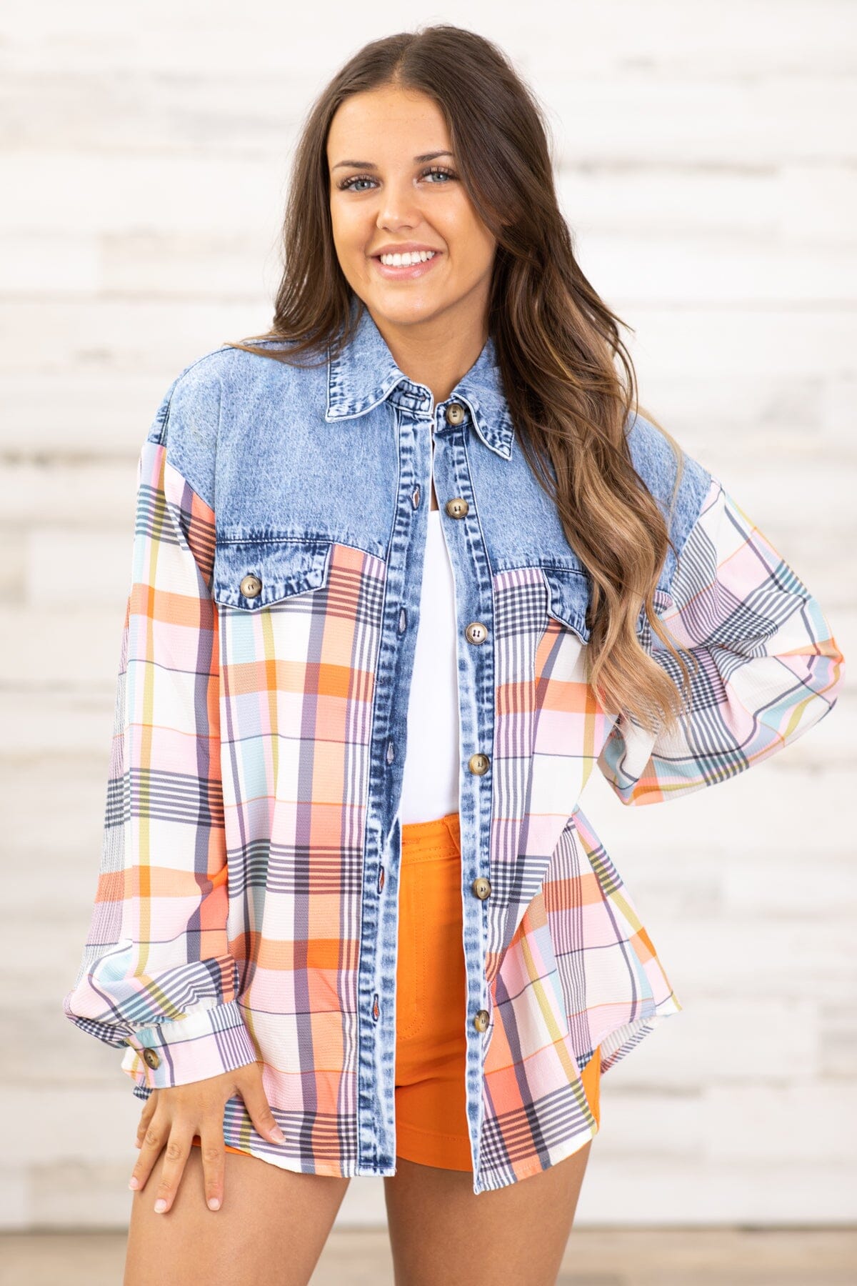 Orange Multicolor Plaid and Chambray Top - Filly Flair