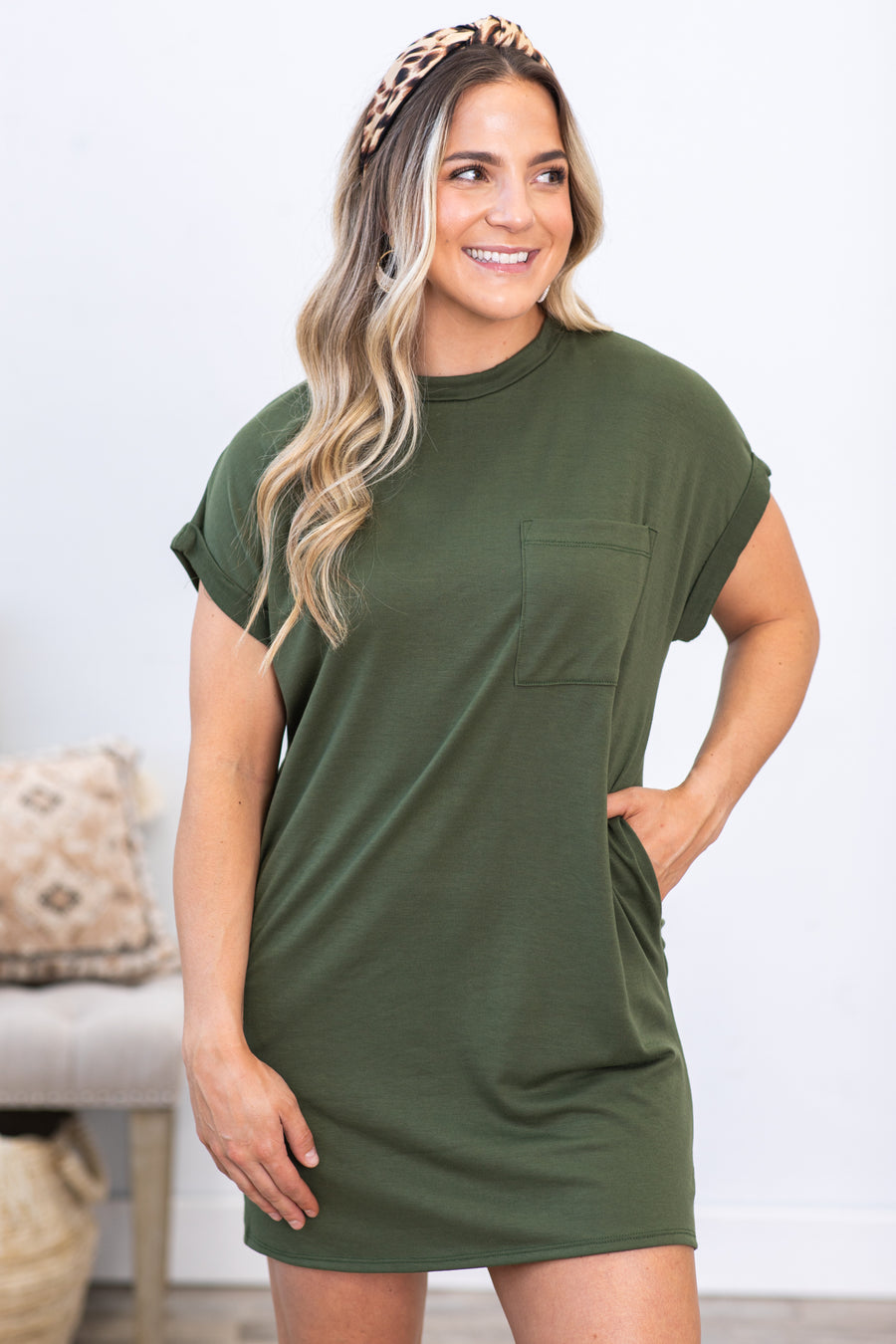 Olive Round Neck Pocket Knit Dress