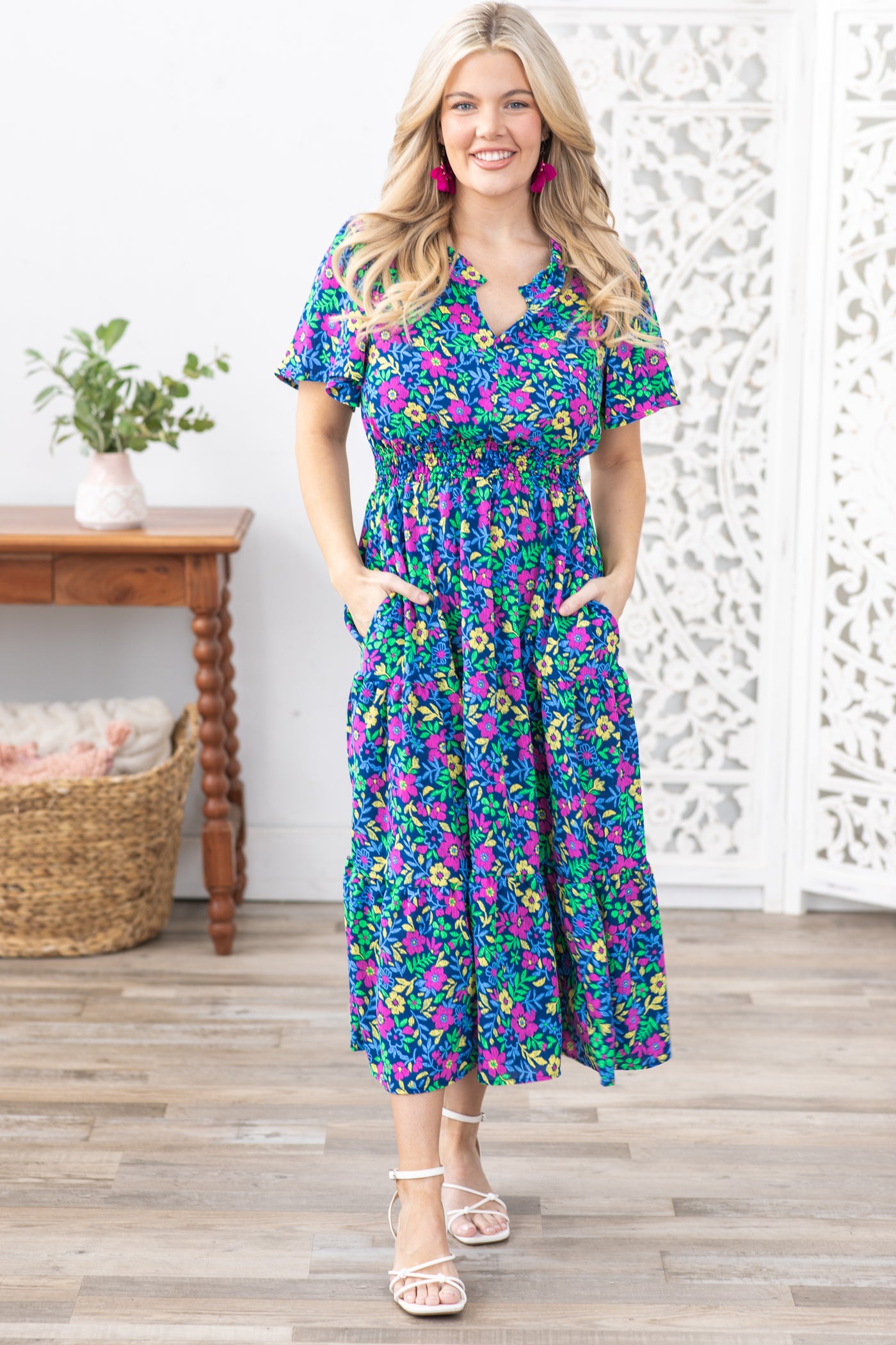 navy floral dress short Buy Friends Like These Navy Blue Floral Chiffon Short Sleeve Midi Dress from Next USA