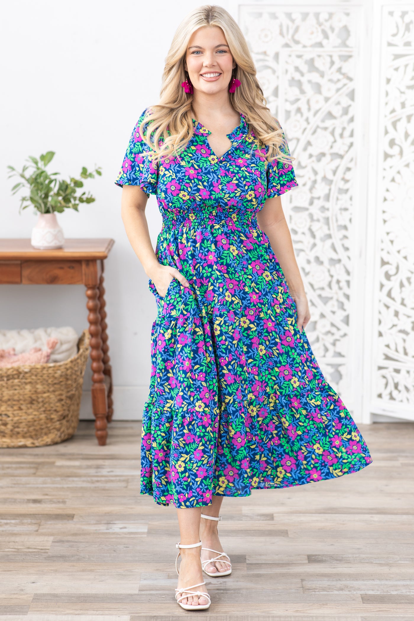 navy and green floral dress MissJophiel Corset Blue Green Floral Print Satin Dress Tie Straps Green Blue Floral Print / Tea Length / US2