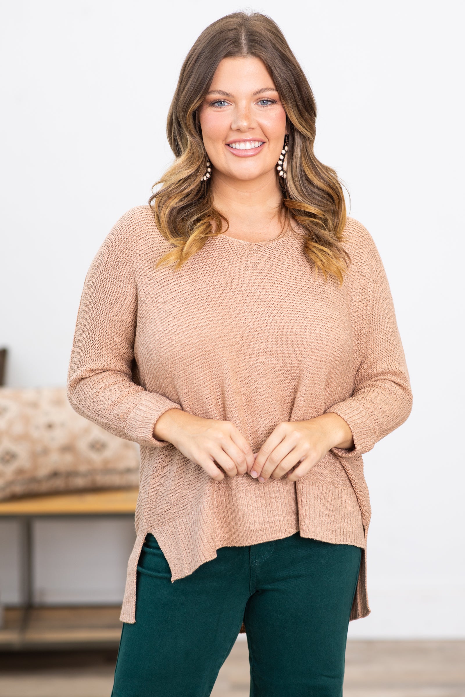 Light Taupe V-Neck Lightweight Slouchy Sweater