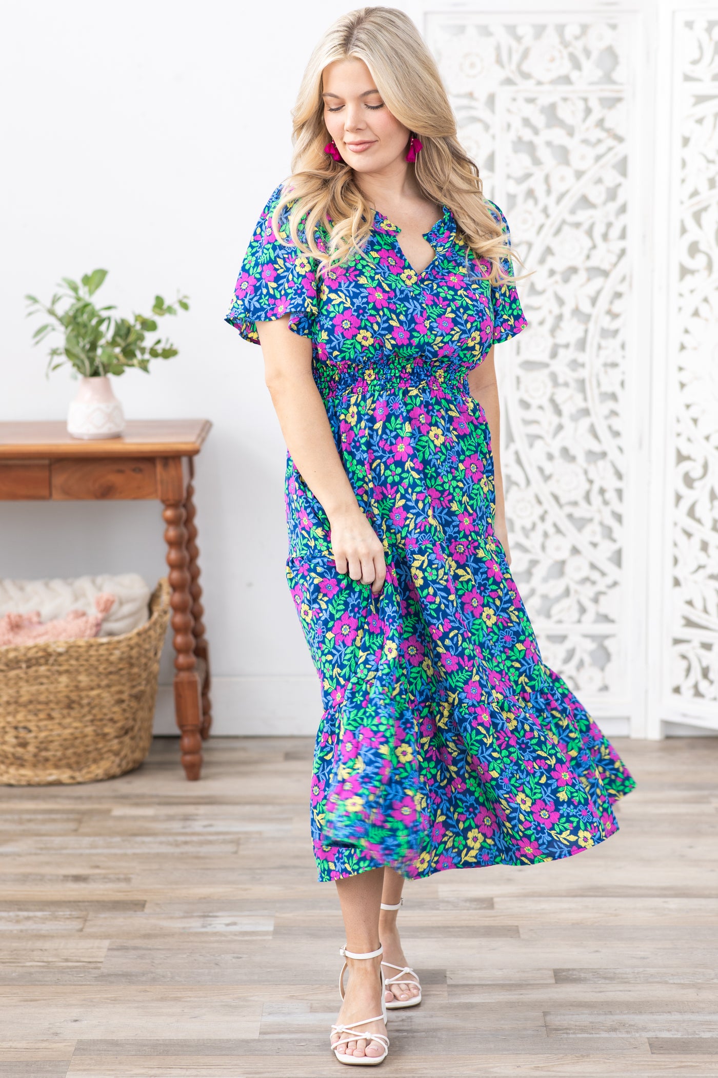 Navy Floral Notch Neck Short Sleeve Dress - S Navy Floral Notch Neck Short Sleeve Dress - S