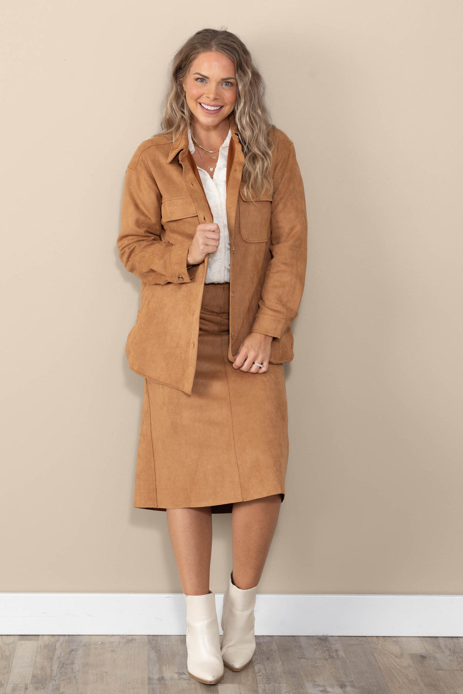 Camel Soft Microsuede Midi Skirt