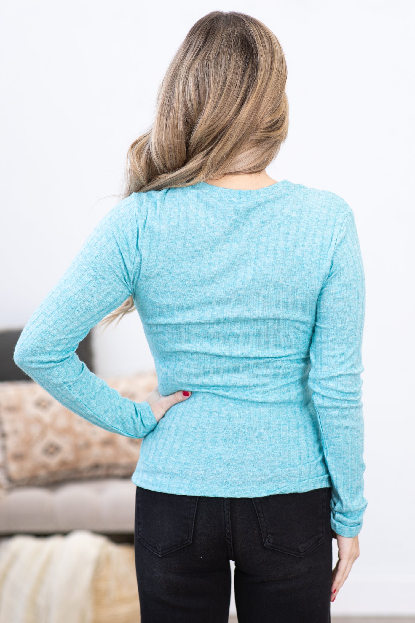 Teal Ribbed Long Sleeve Round Neck Top
