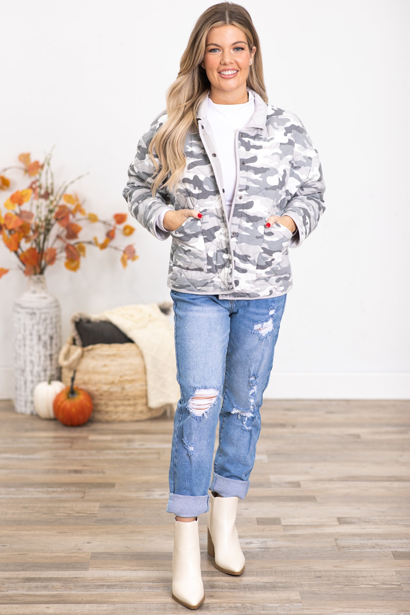 Grey Quilted Camouflage Print Jacket