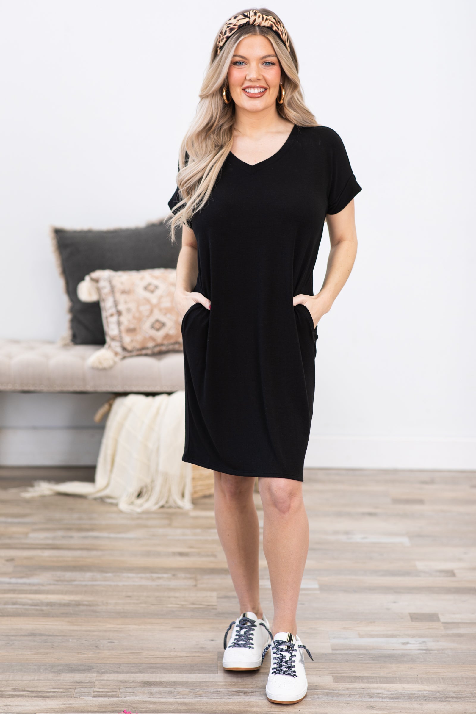 Black Rolled Short Sleeve V-Neck Dress