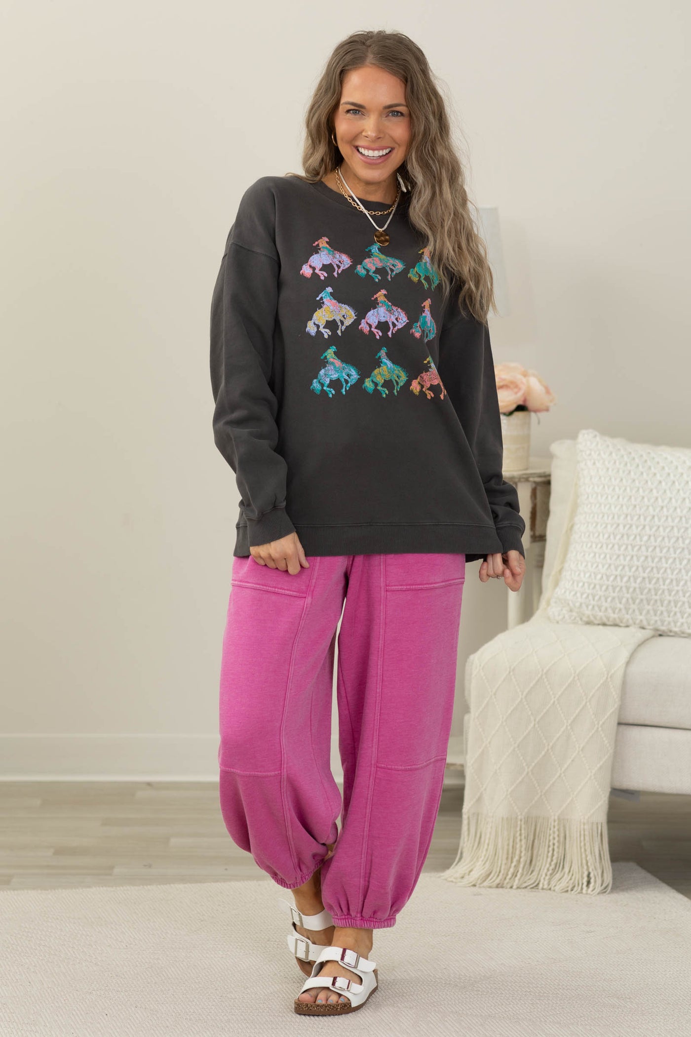 Vintage Charcoal Cowboy Pattern Graphic Sweatshirt