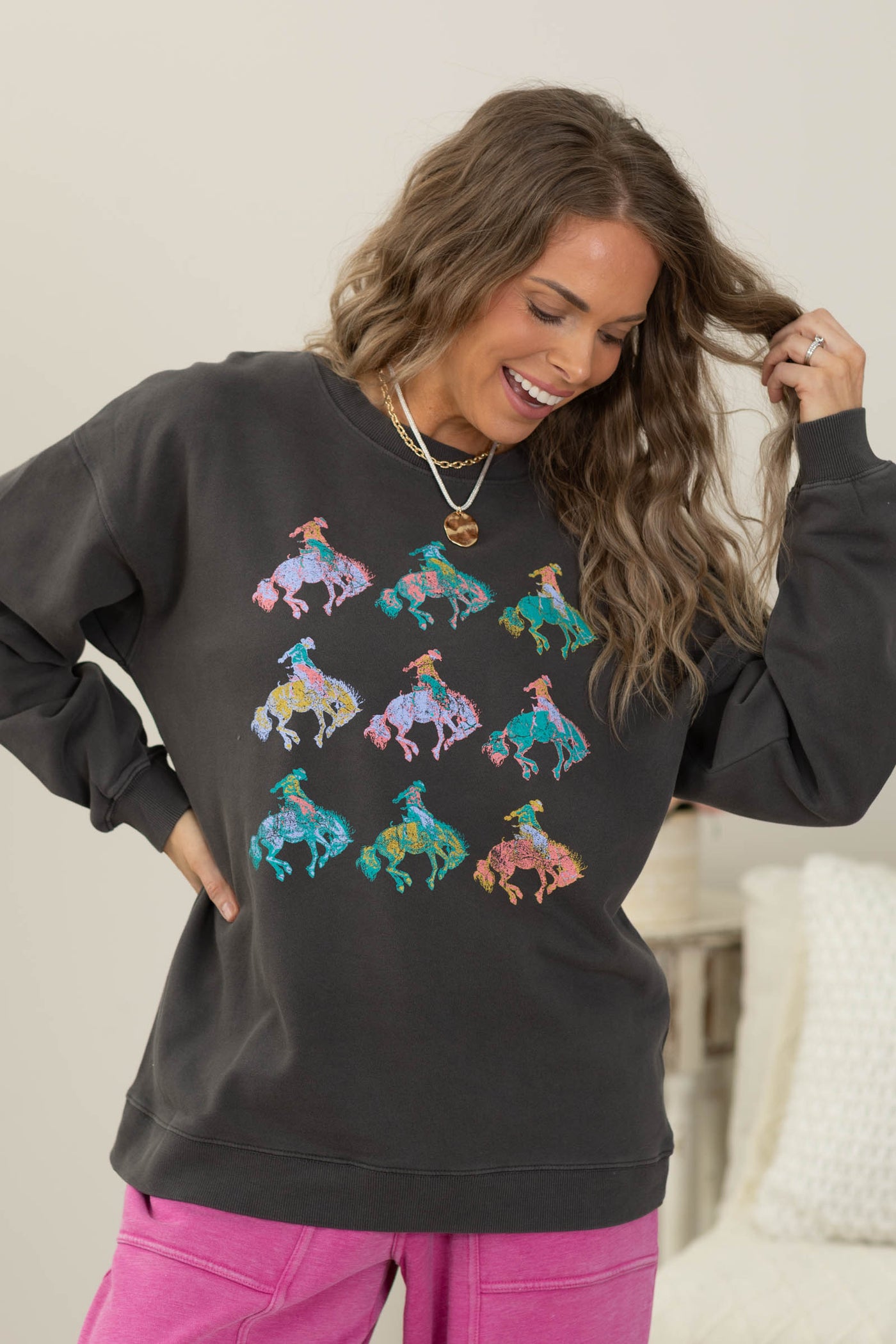 Vintage Charcoal Cowboy Pattern Graphic Sweatshirt