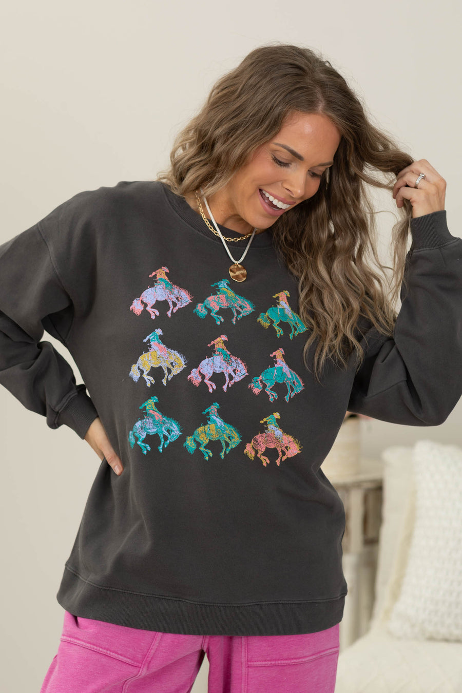 Vintage Charcoal Cowboy Pattern Graphic Sweatshirt