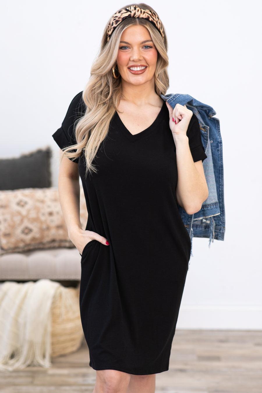 Black Rolled Short Sleeve V-Neck Dress