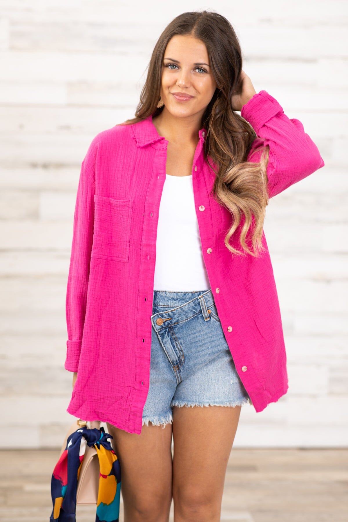 Fuchsia Textured Button Up Top With Pocket - Filly Flair