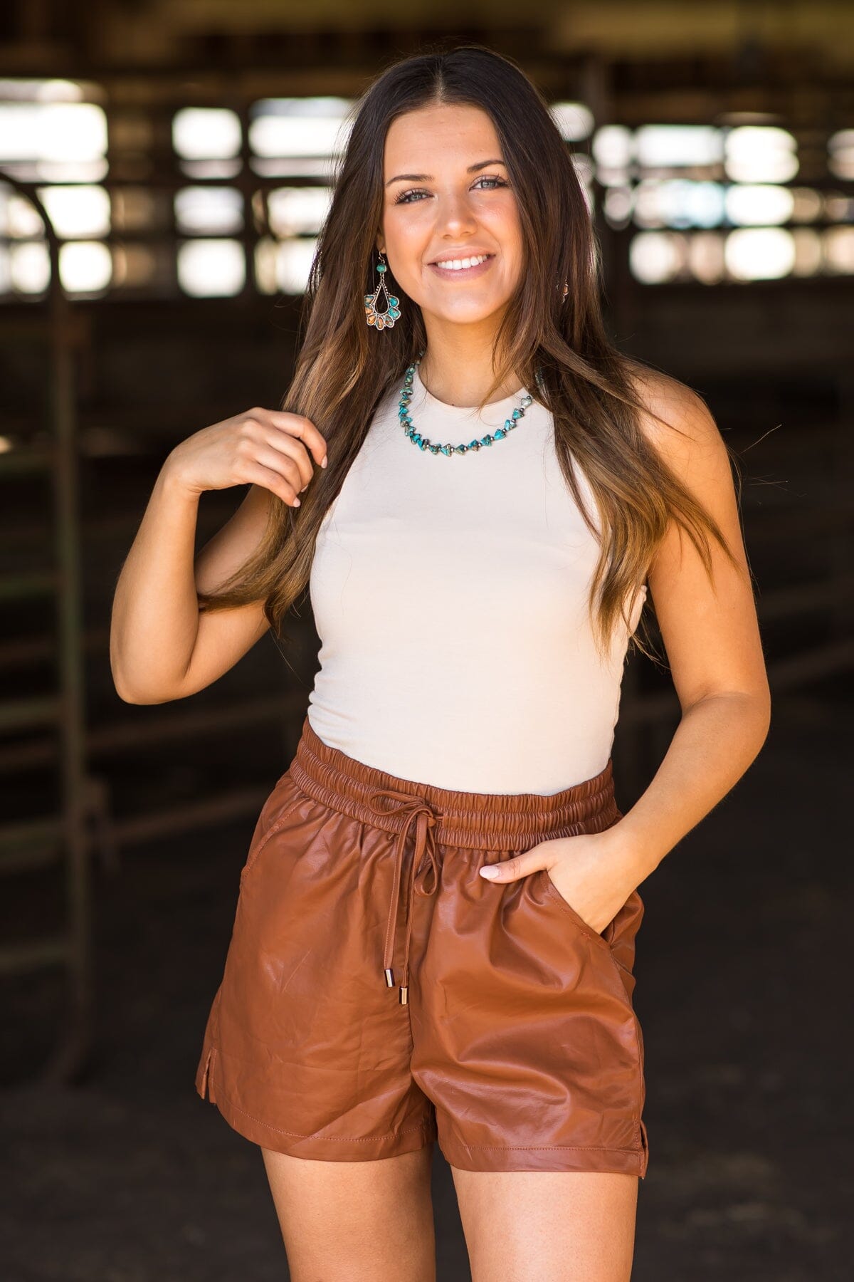 Chestnut Faux Leather Elastic Waist Shorts - Filly Flair