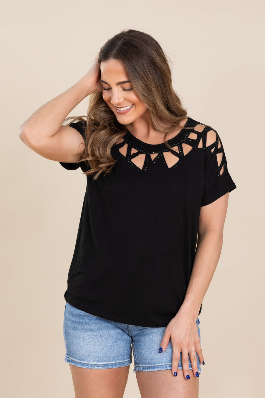 Black Jewel Neck Triangle Laser Cut Knit Top