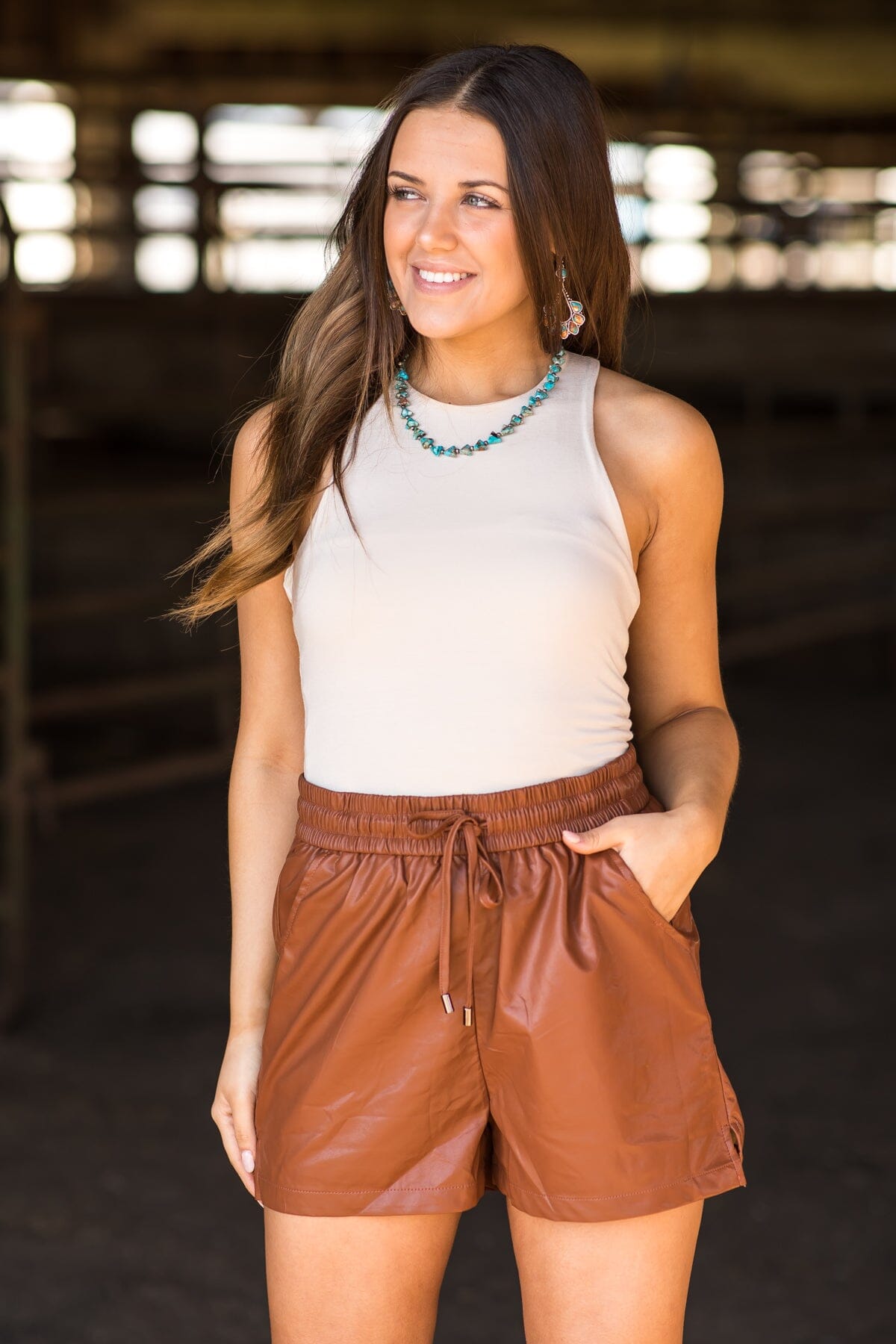 Chestnut Faux Leather Elastic Waist Shorts - Filly Flair