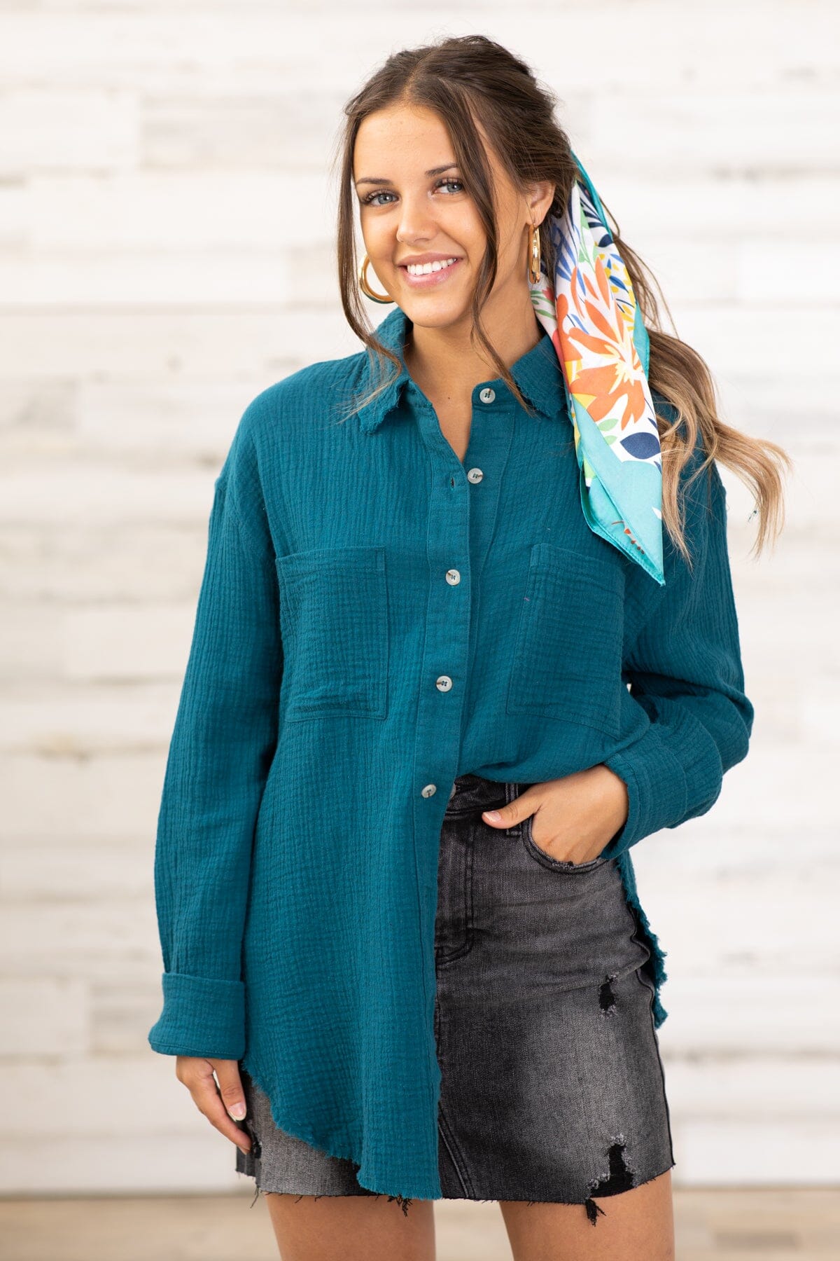 Teal Textured Button Up Top With Pocket - Filly Flair