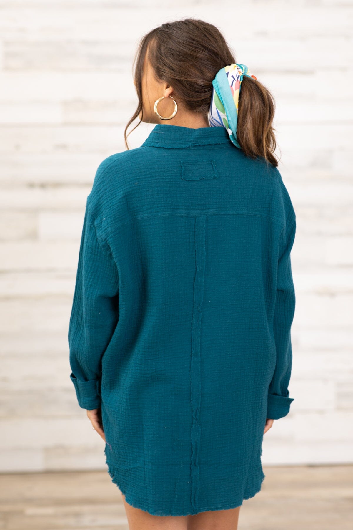 Teal Textured Button Up Top With Pocket - Filly Flair