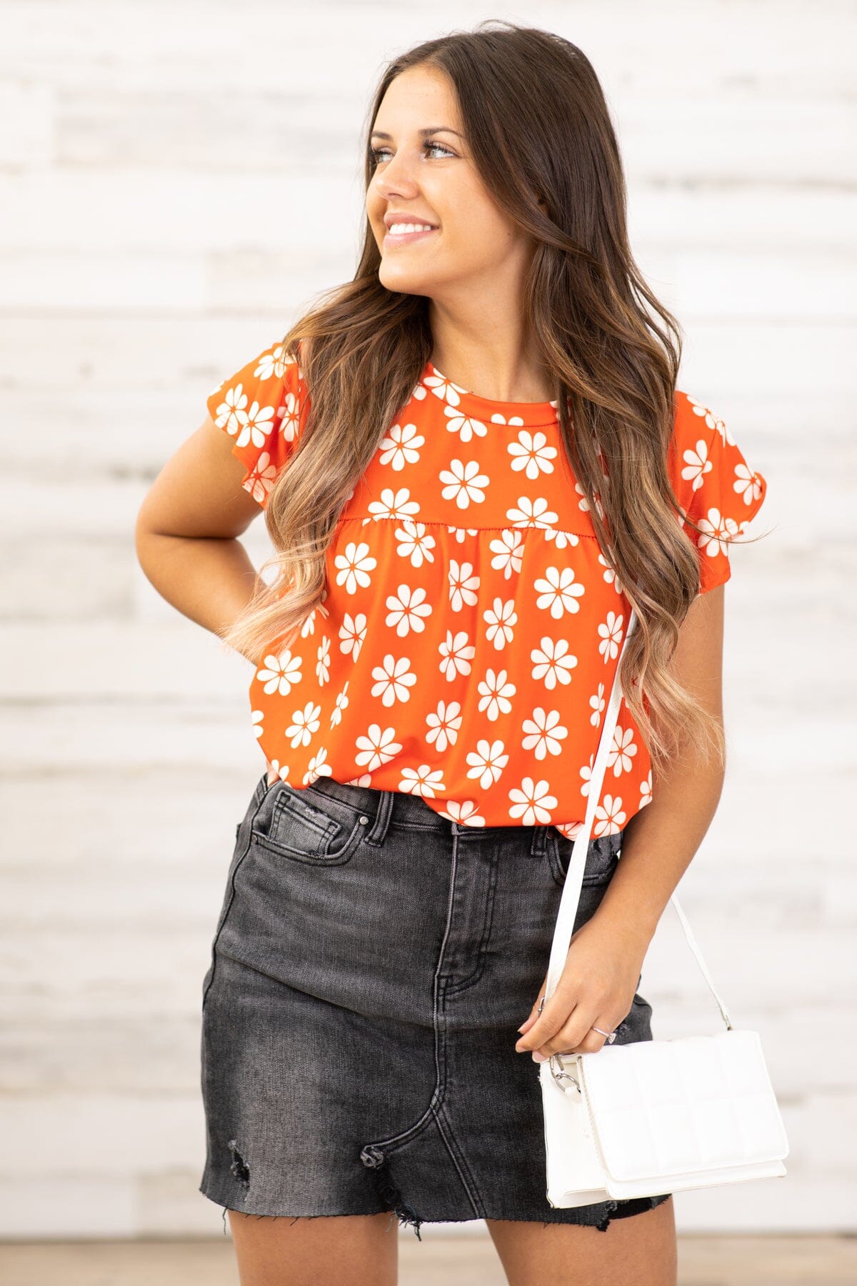 Red and Ivory Daisy Print Ruffle Sleeve Top - Filly Flair