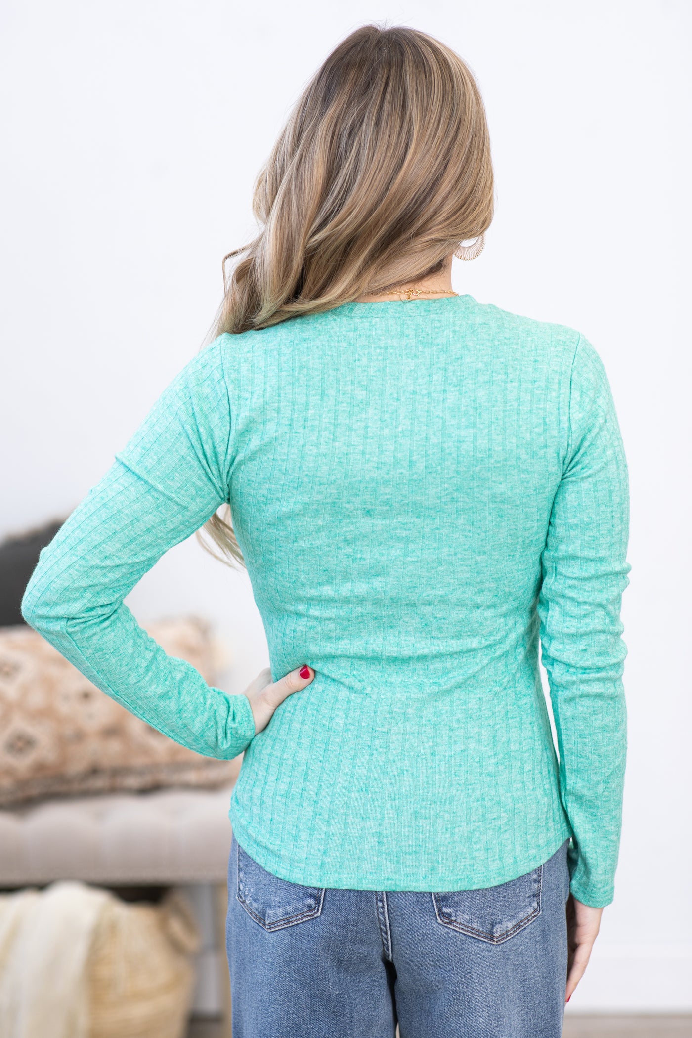 Jade Ribbed Long Sleeve Round Neck Top