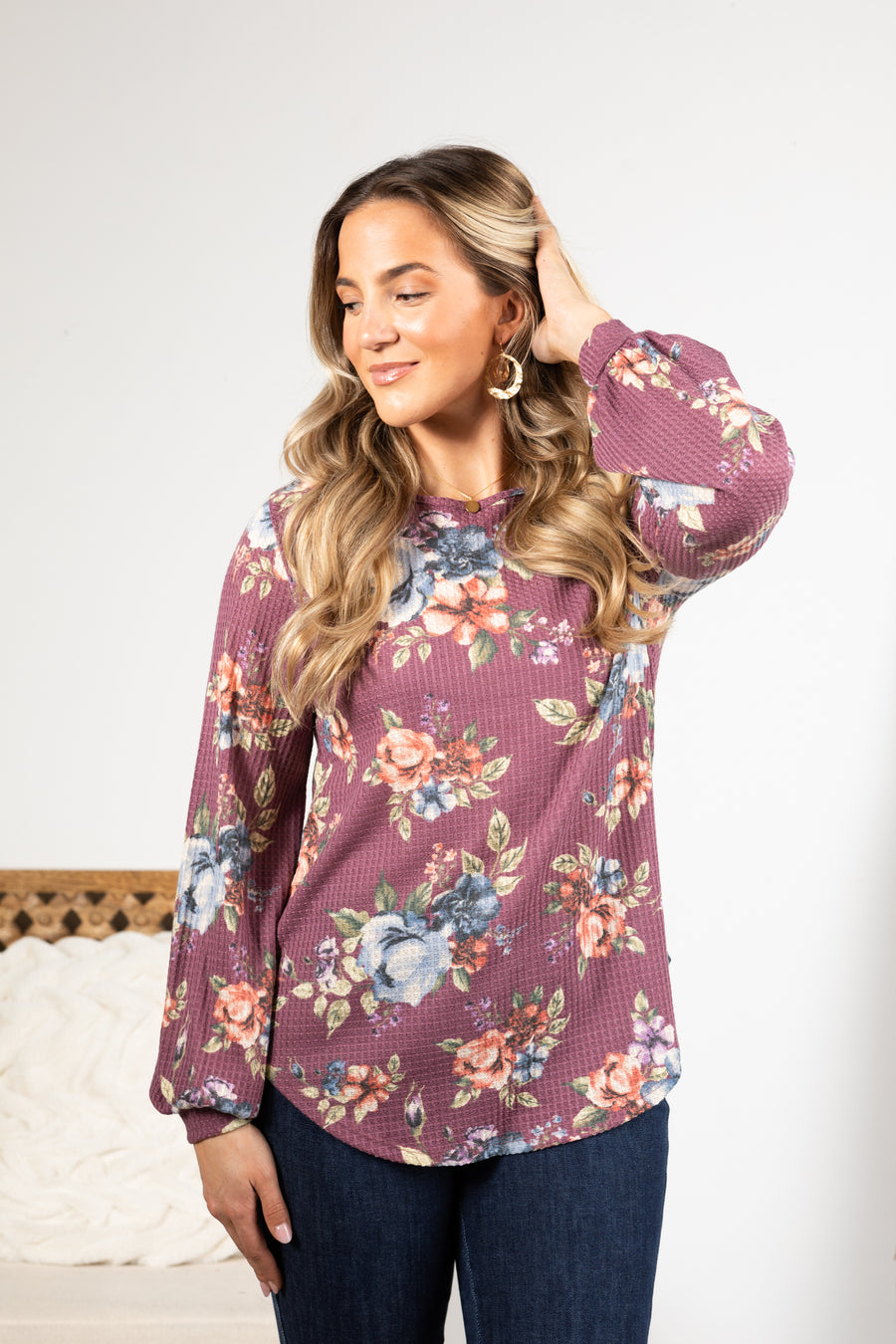 Mauve Floral Print Waffle Knit Top