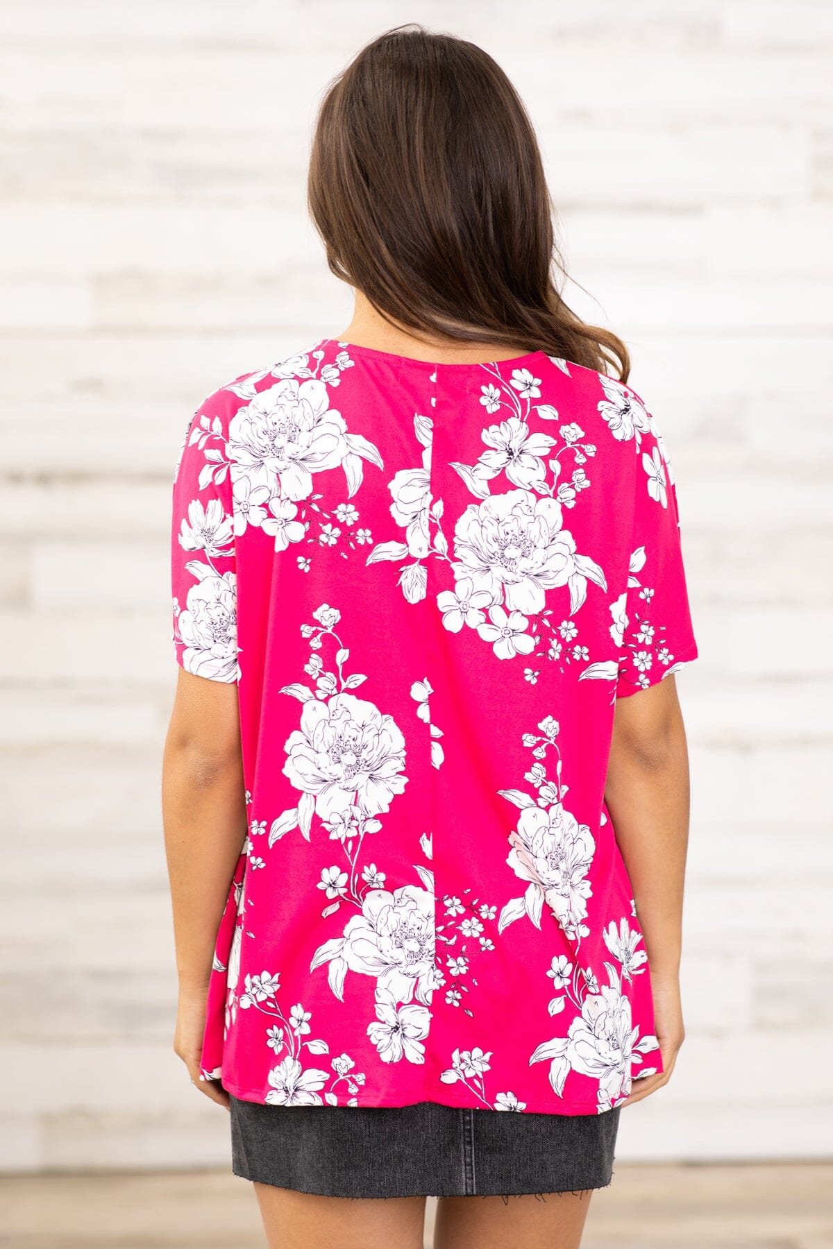 Hot Pink and White Floral Print V-Neck Top - Filly Flair