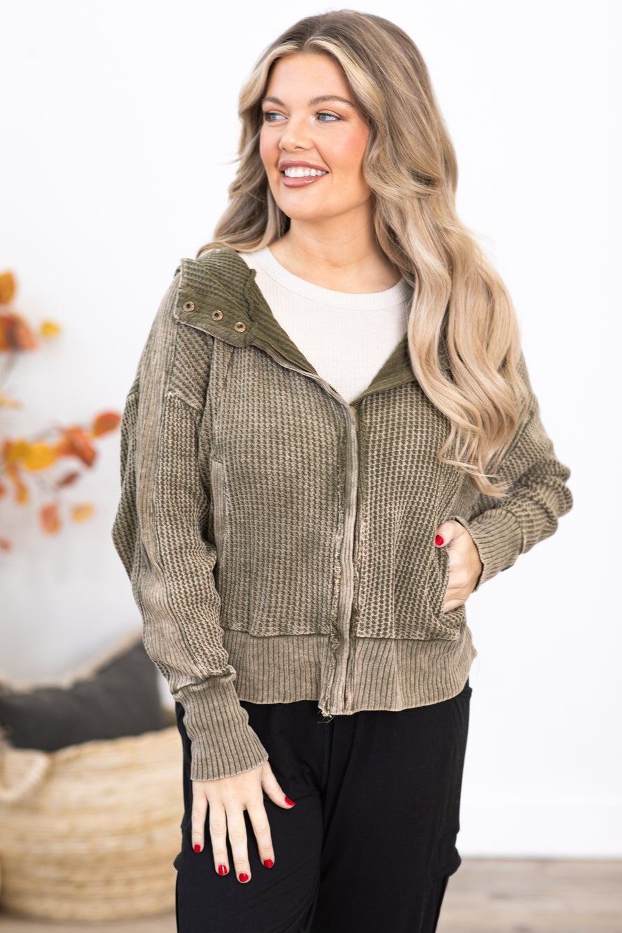 Olive Washed Waffle Knit Hooded Jacket