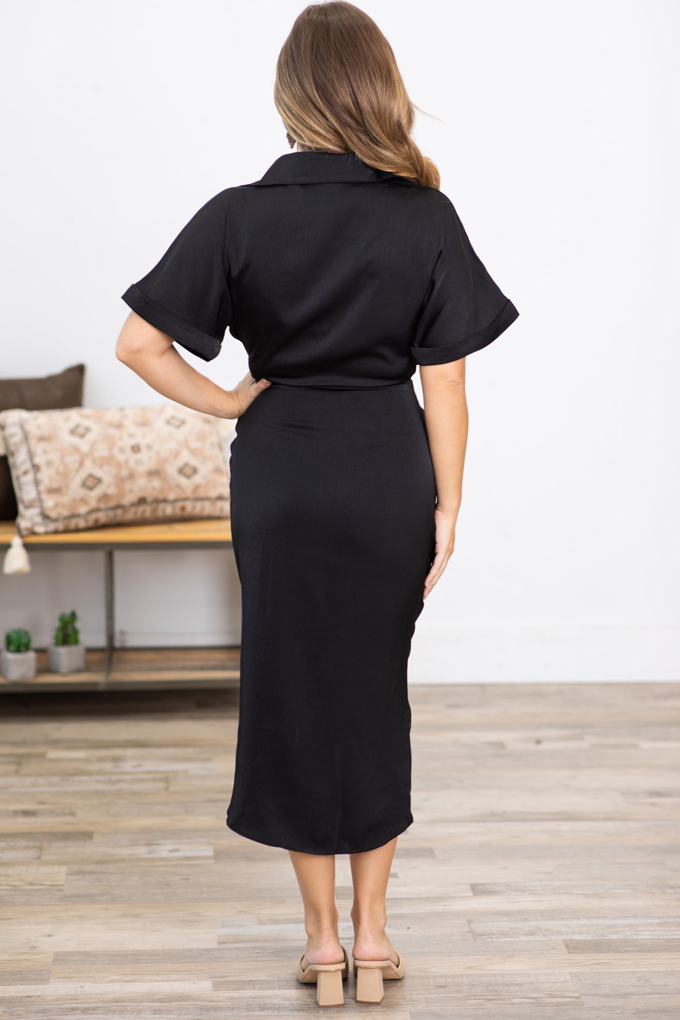 Black Self Tie Midi Length Shirt Dress