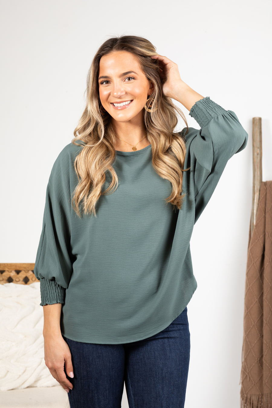 Dark Sage Smock Sleeve Cuff Blouse Top