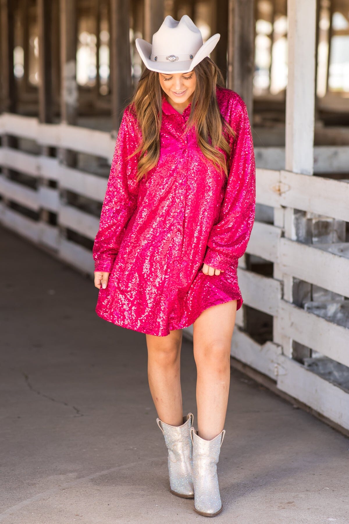 Raspberry Sequin Shirt Dress - Filly Flair