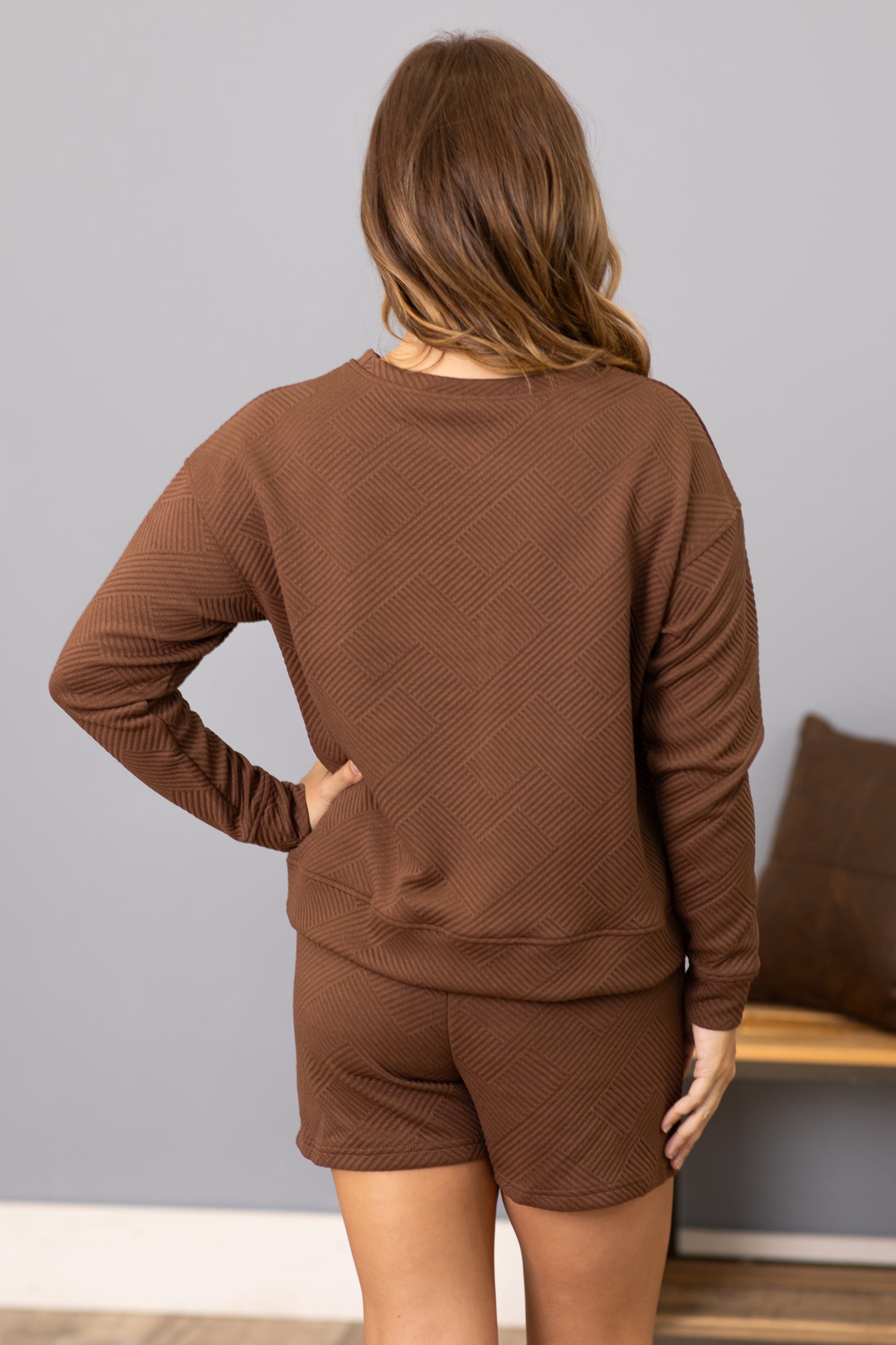 Brown Textured Long Sleeve Top and Shorts Set
