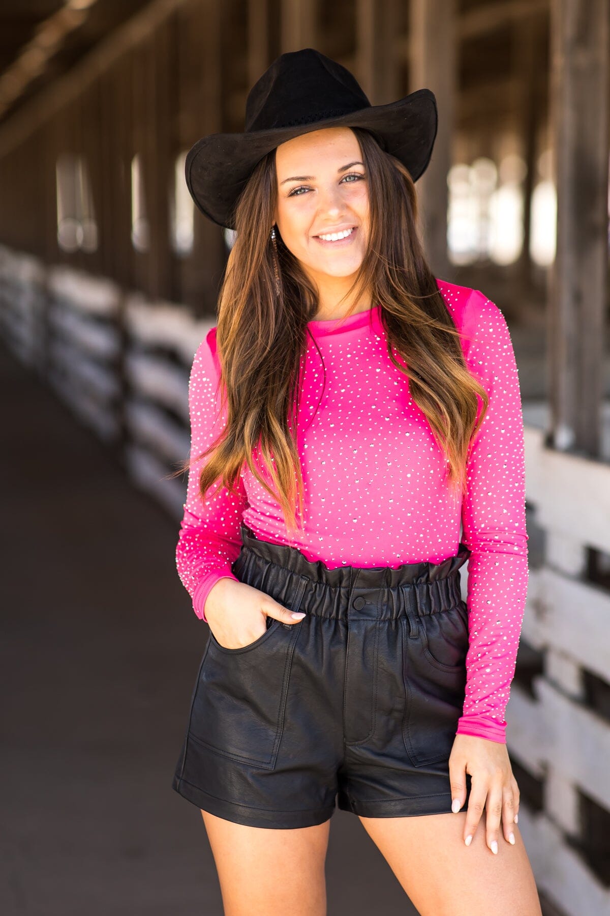 Hot Pink Long Sleeve Bodysuit With Rhinestones - Filly Flair