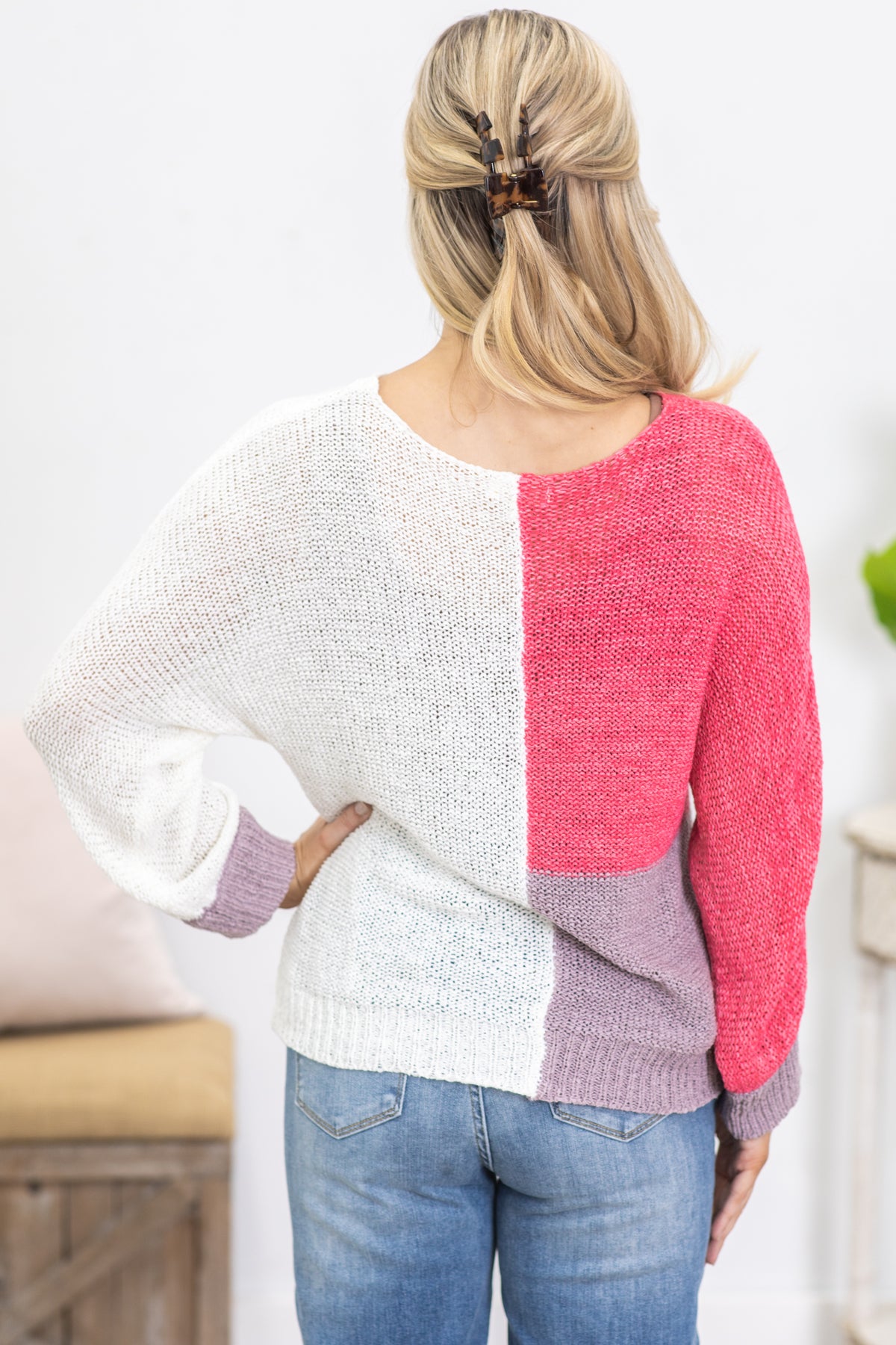 Marle Raspberry Coloured Sweater Raspberry Colorblock V-Neck Loose Knit Sweater · Filly Flair