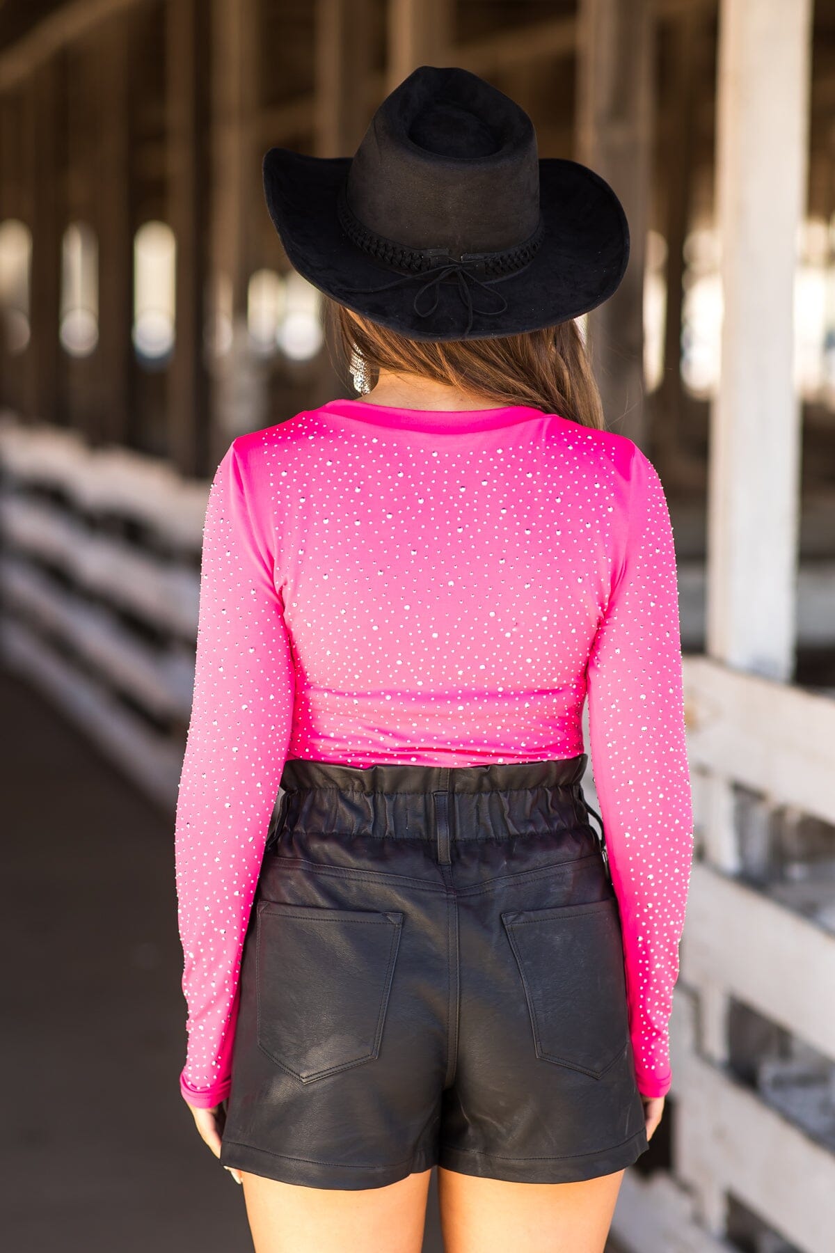 Hot Pink Long Sleeve Bodysuit With Rhinestones - Filly Flair