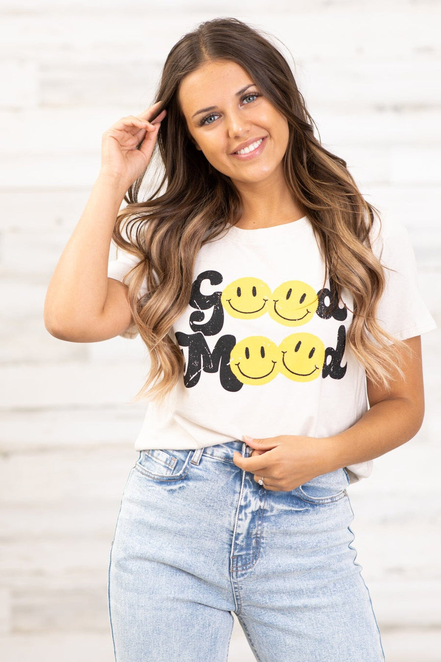 Beige Good Mood Smiley Graphic Tee - Filly Flair