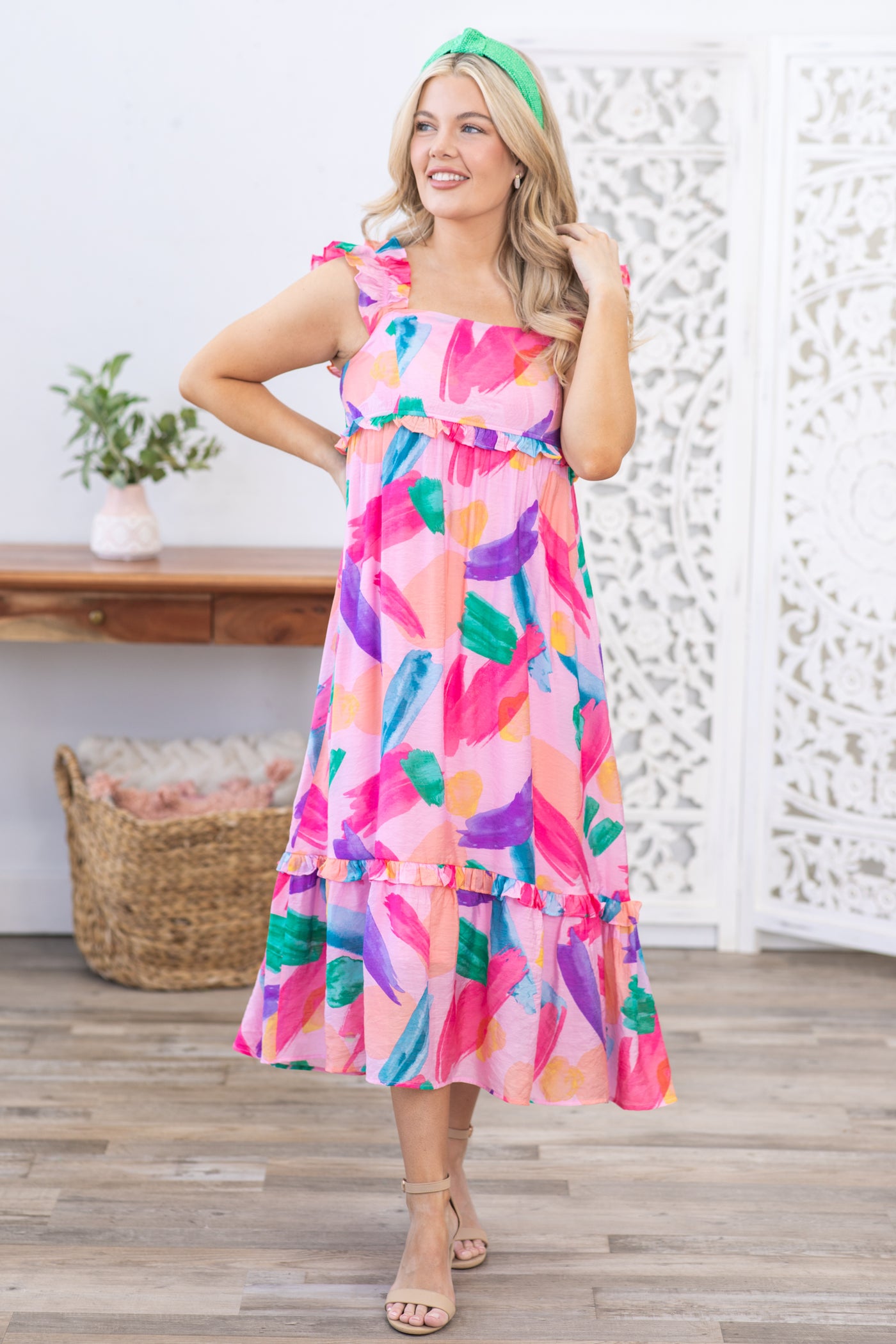Pink Multicolor Ruffle Straps Midi Dress · Filly Flair
