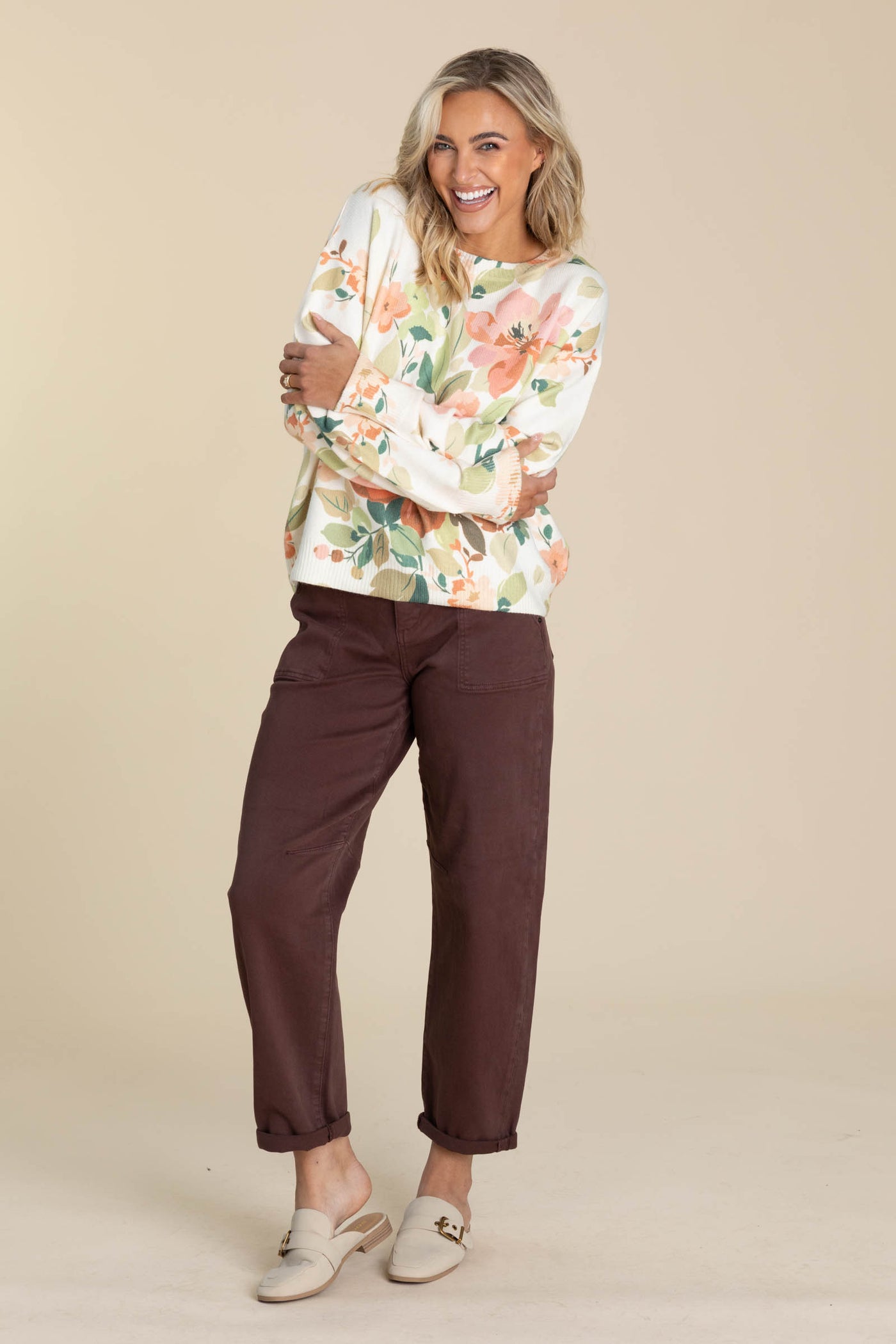 Peach Floral Printed Knit Sweater Top