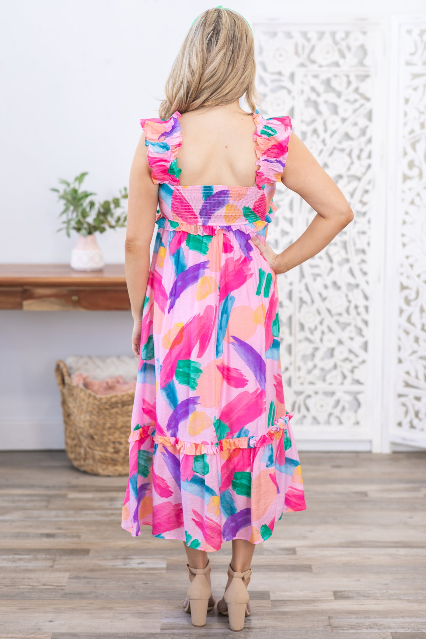 Pink Multicolor Ruffle Straps Midi Dress · Filly Flair
