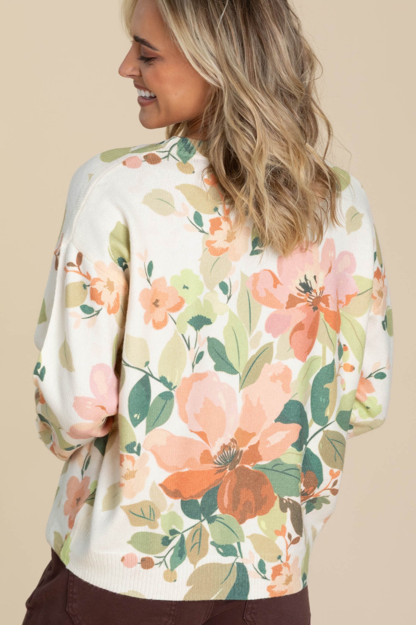 Peach Floral Printed Knit Sweater Top