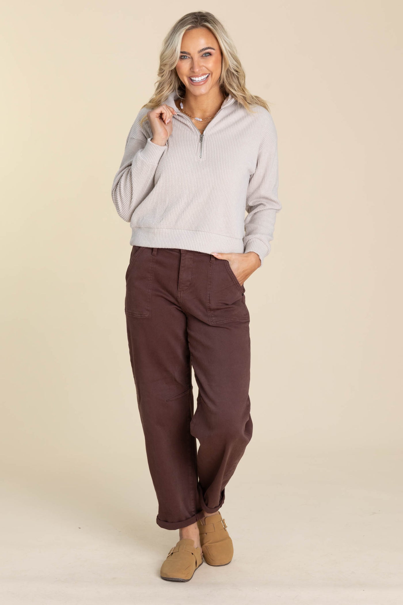 Half Zip Mock Drop Shoulder Knit Sweatshirts