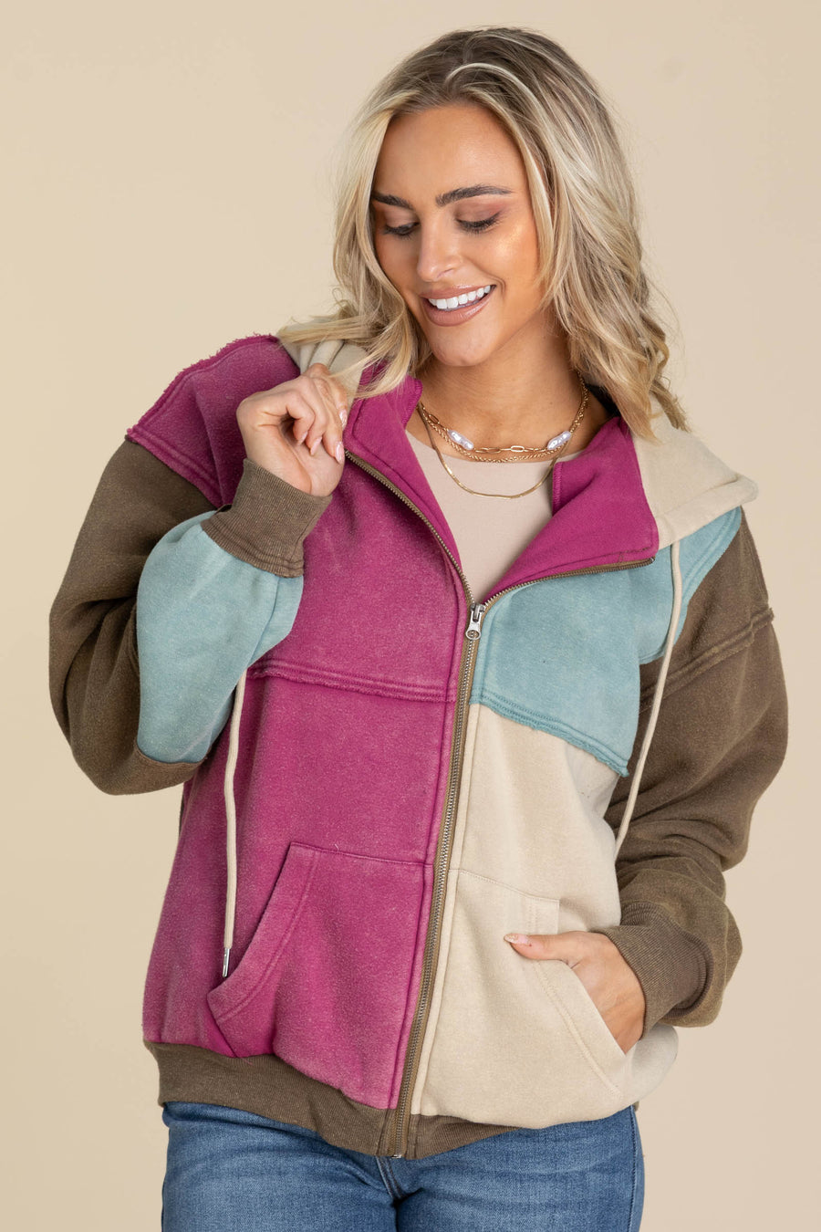 Brown Colorblock Zip Up Hoodie