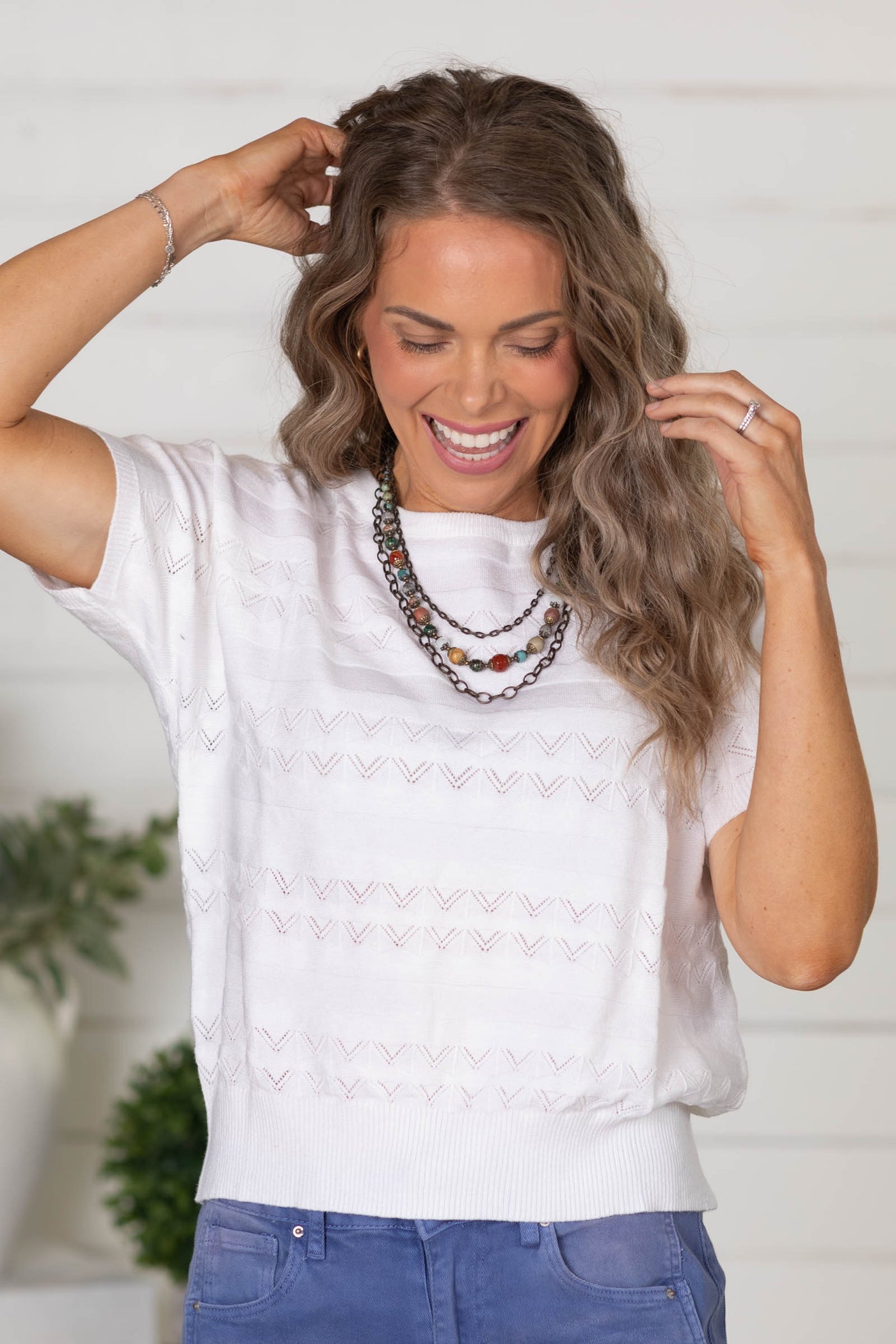 Ivory Pointelle Pattern Knit Dolman Top