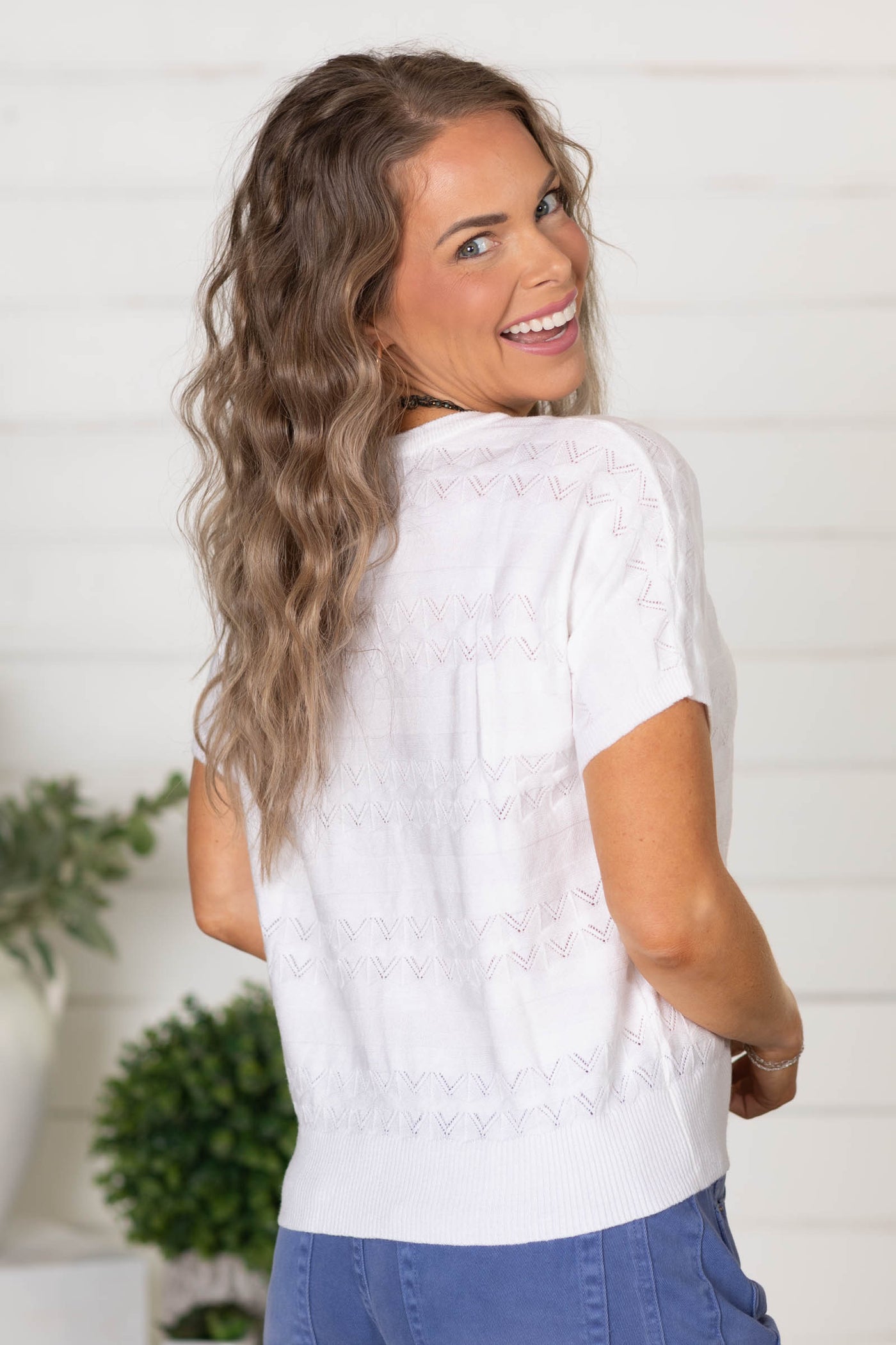 Ivory Pointelle Pattern Knit Dolman Top