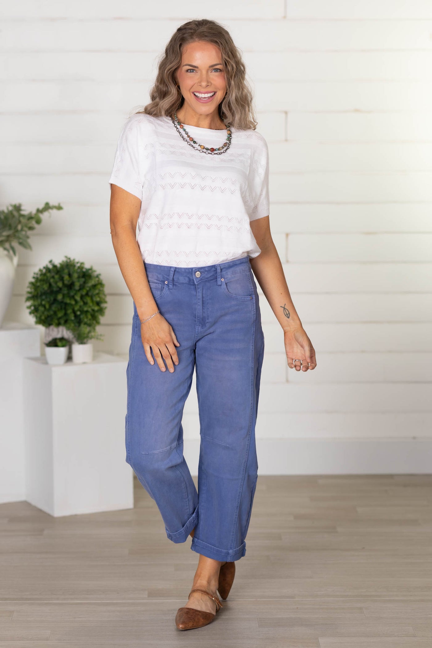 Ivory Pointelle Pattern Knit Dolman Top
